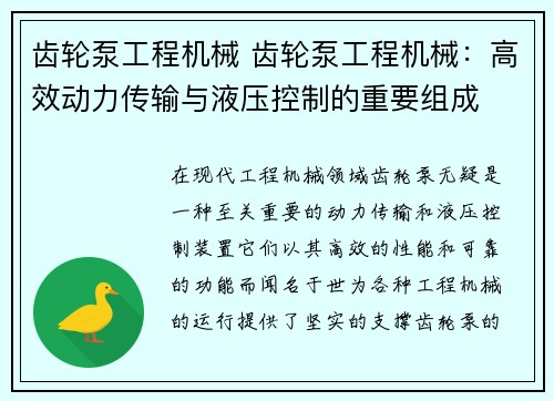 齿轮泵工程机械 齿轮泵工程机械：高效动力传输与液压控制的重要组成